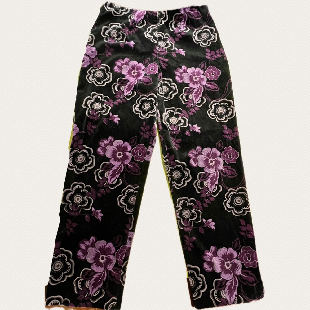 Velvet moody violet garden pants women’s trousers dressy flat front floral pink
